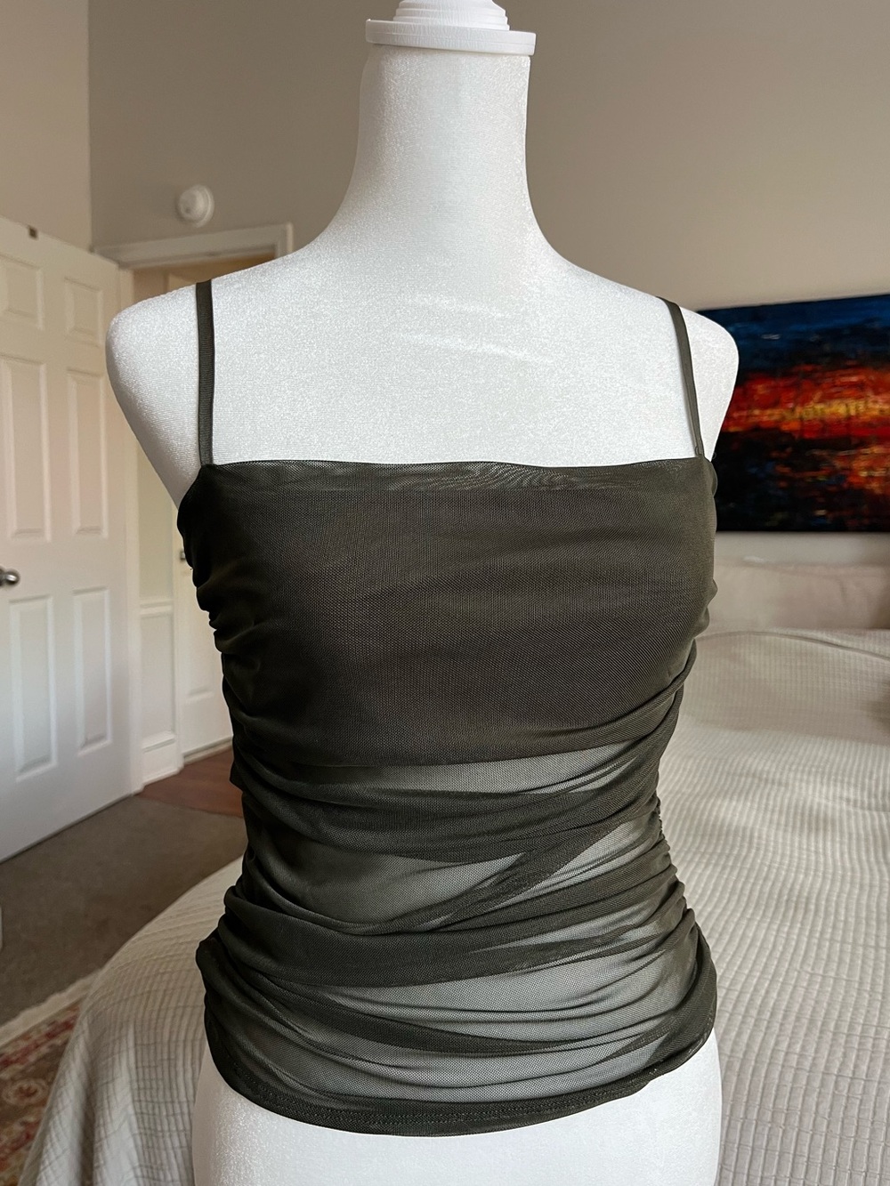 OPEN EDIT Olive Sheer Ruched Cami Tank Top